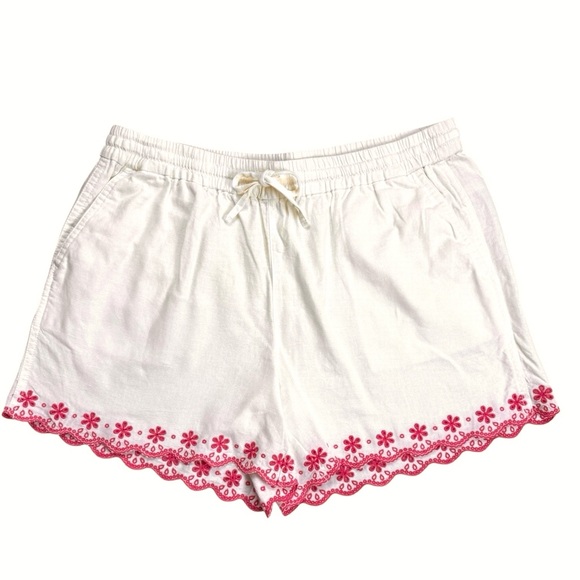 J. Crew Pants - J.Crew Linen Tie Drawstring Waist Embroidered   Pink Floral Hem Shorts M 🌸